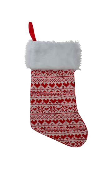 19" Red & White Hearts with Snowflakes Knit Christmas Stocking Faux Fur Cuff
